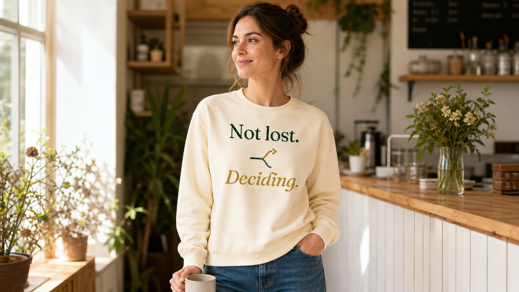 Not Lost. Deciding. sweatshirt worn in a sunlit cafe (model image digitally rendered)