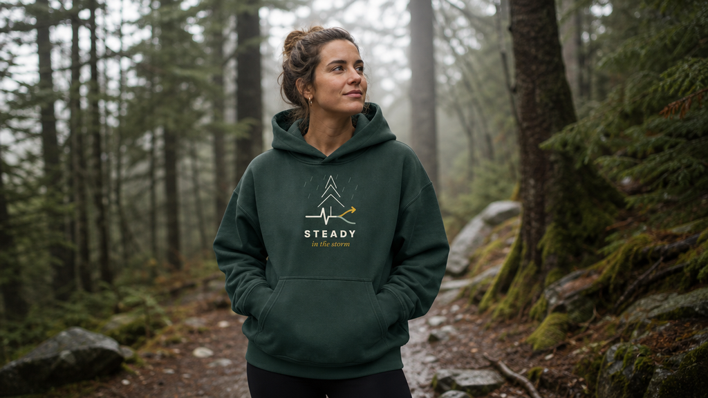 Steady in the Storm hoodie worn on a misty forest trail (model image digitally rendered)
