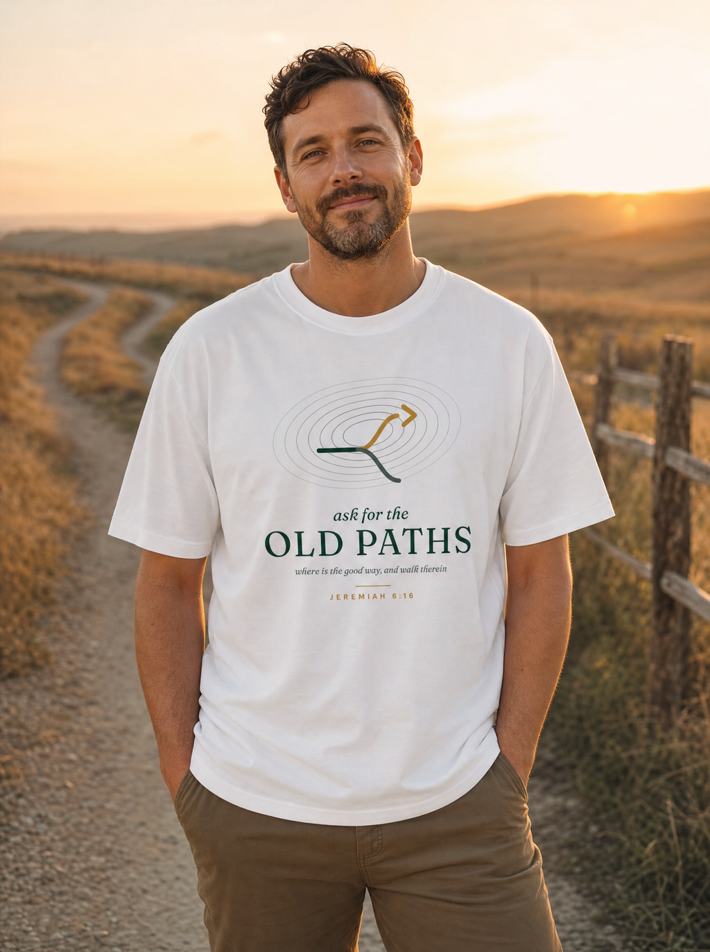 Ask for the Old Paths Tee on model (model image digitally rendered)