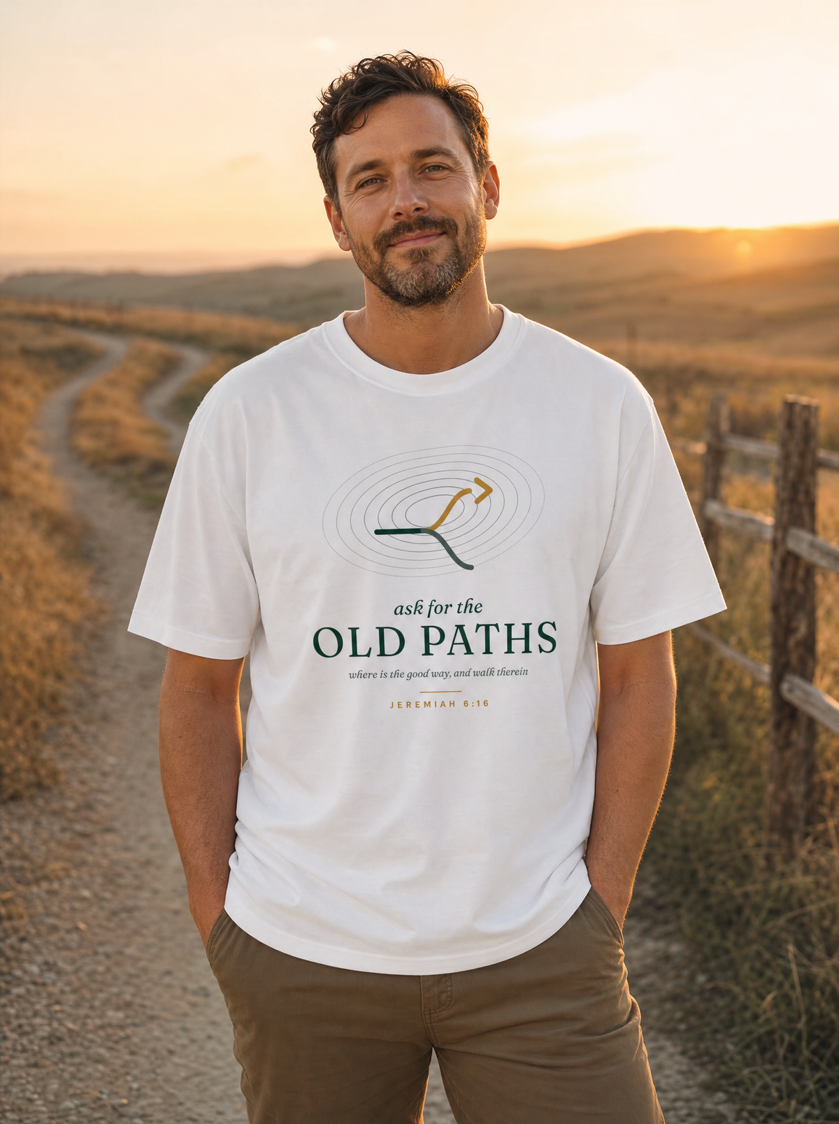 Ask for the Old Paths Tee on model (model image digitally rendered)