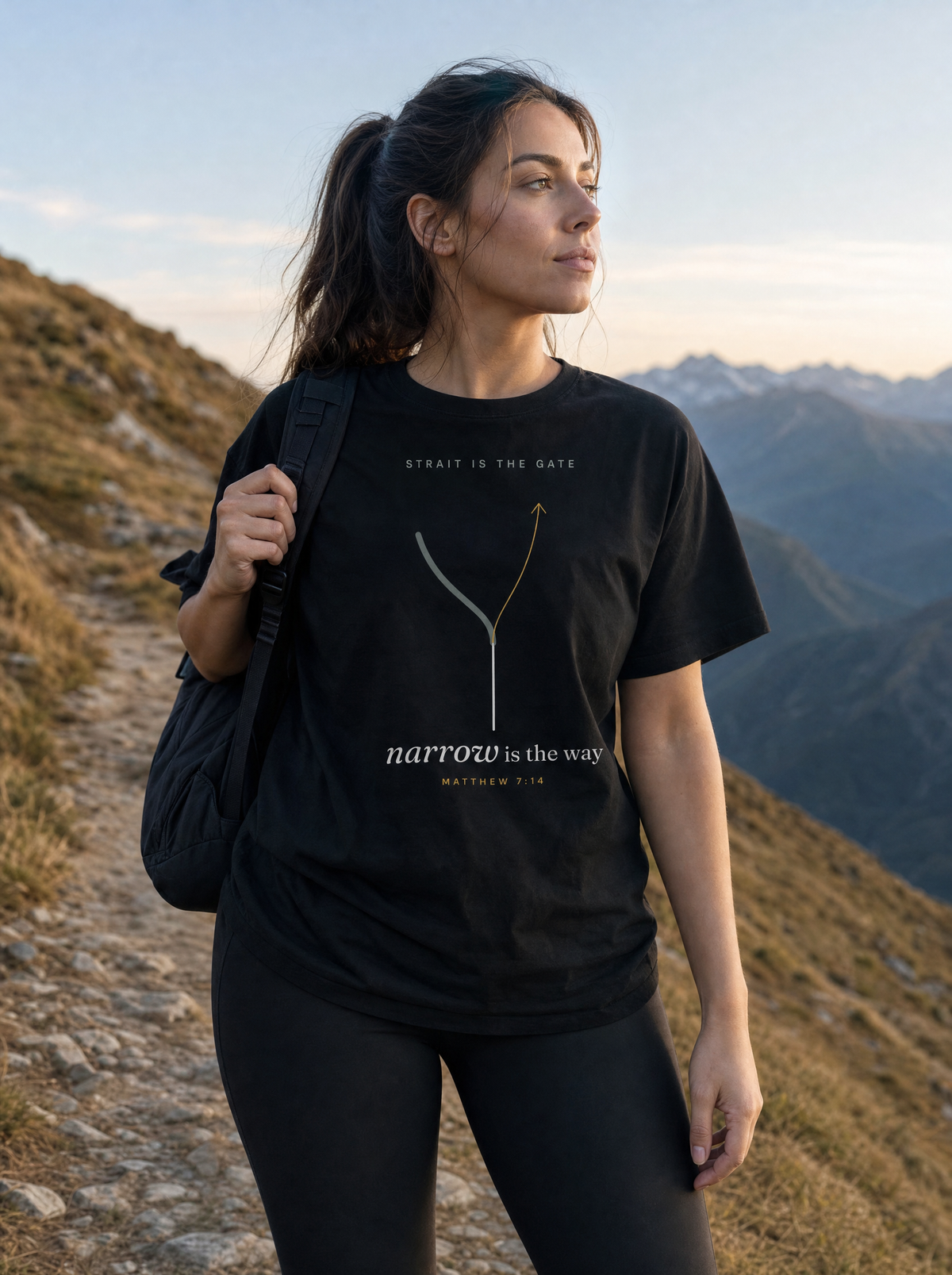 Narrow Is the Way Tee on model (model image digitally rendered)