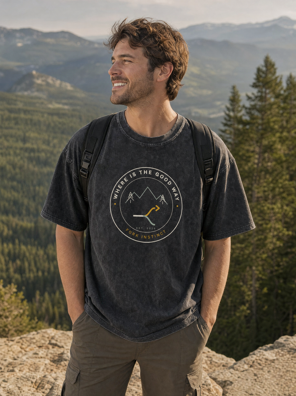 Where Is the Good Way Badge Tee on model (model image digitally rendered)