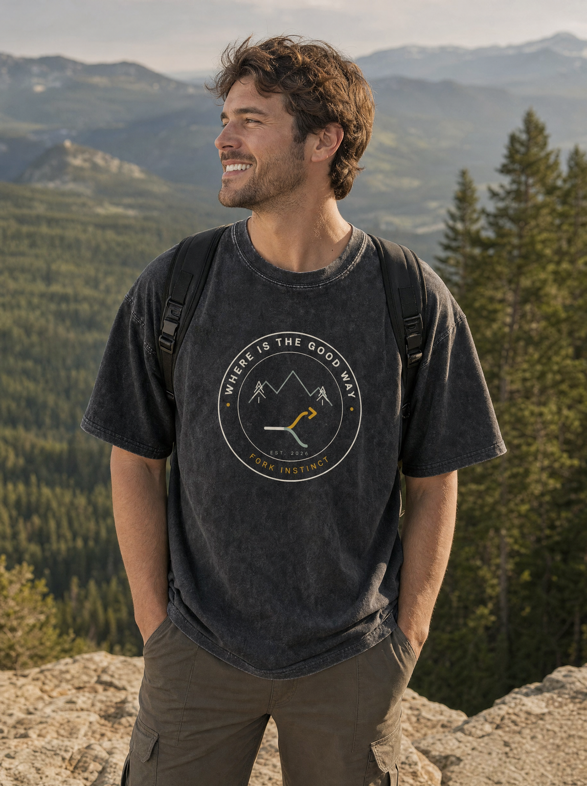 Where Is the Good Way Badge Tee on model (model image digitally rendered)