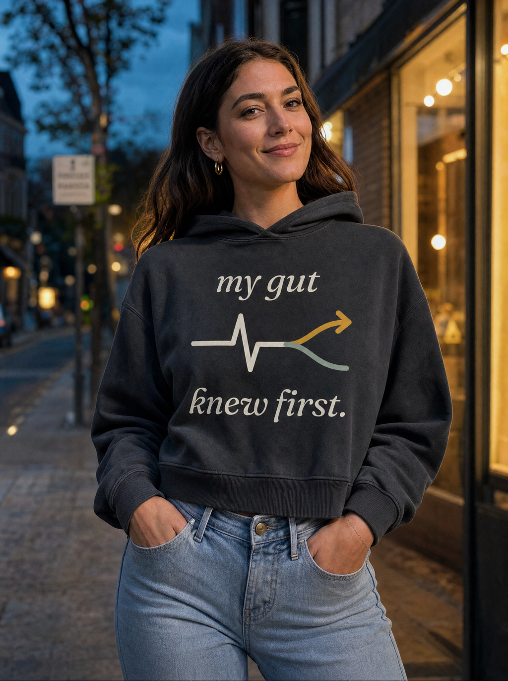 My Gut Knew First Women's Hoodie on model (model image digitally rendered)