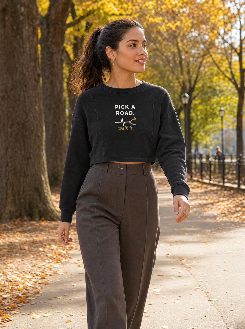 Pick a Road Women's Crop Sweatshirt on model (model image digitally rendered)