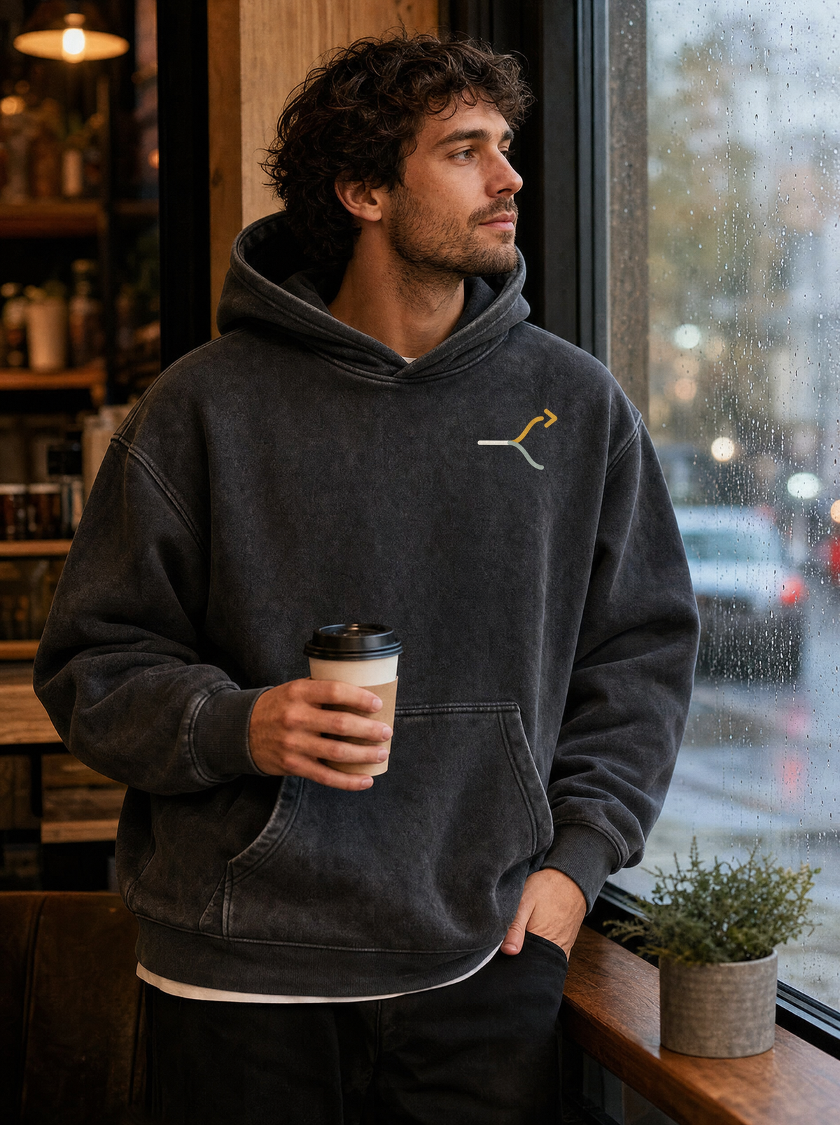 Split Mark Snow Wash Hoodie on model (model image digitally rendered)