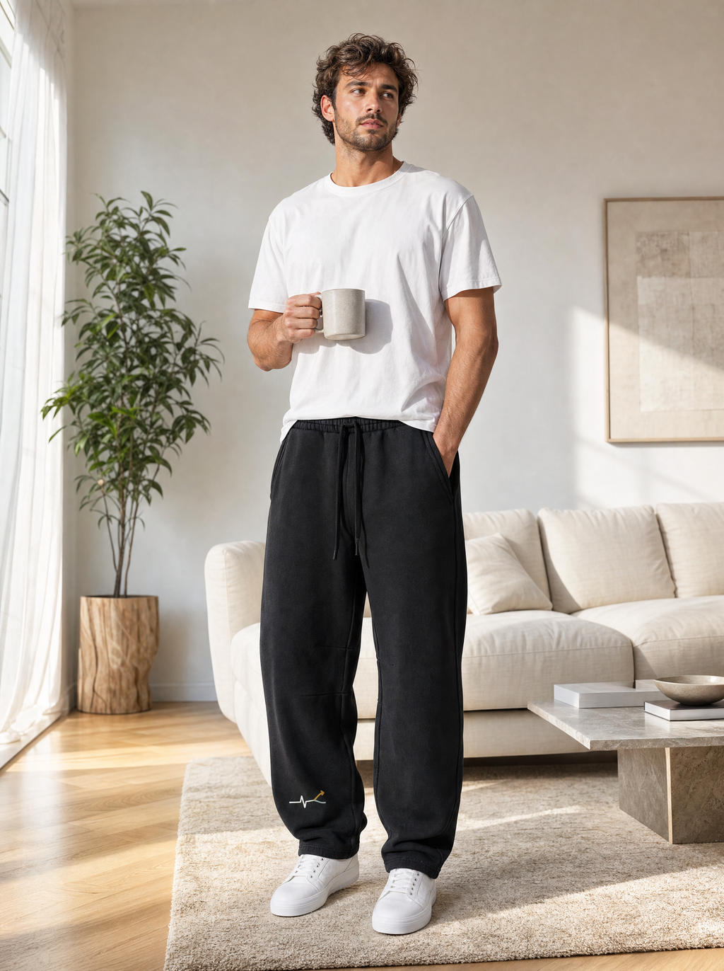 Heartbeat Barrel Leg Fleece Sweatpants on model (model image digitally rendered)