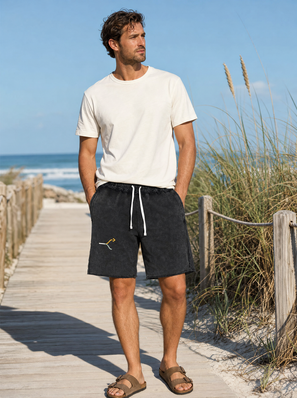 Split Mark Mineral Wash Shorts on model (model image digitally rendered)