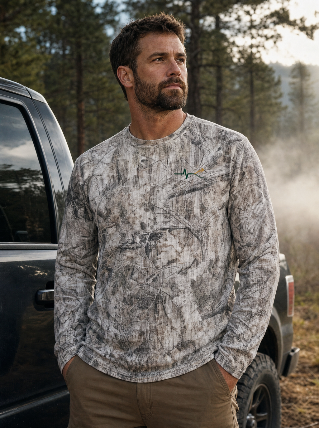 Heartbeat Tree Camo Waffle Long Sleeve on model (model image digitally rendered)