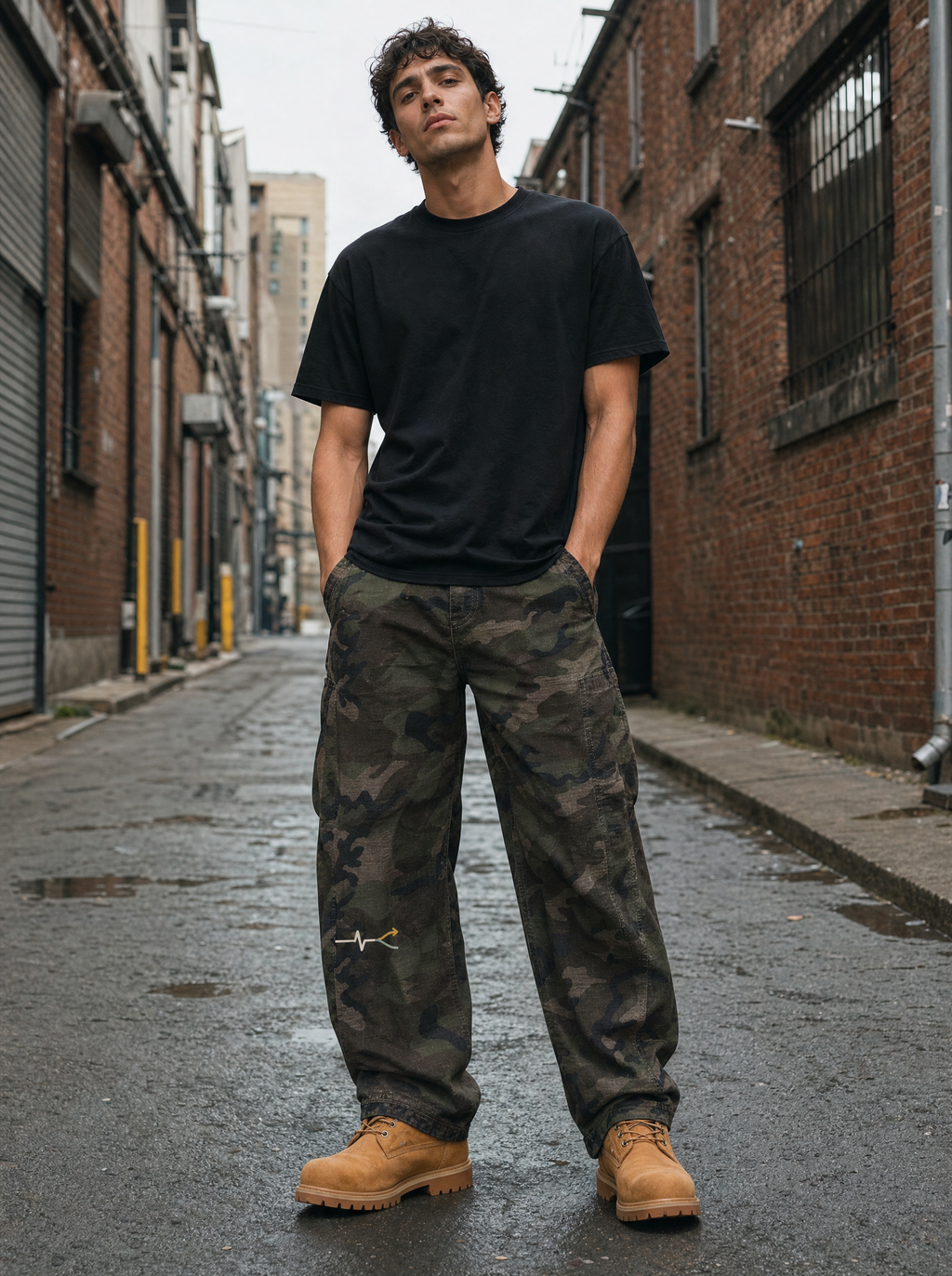 Heartbeat Camo Barrel Leg Cargo Pants on model (model image digitally rendered)