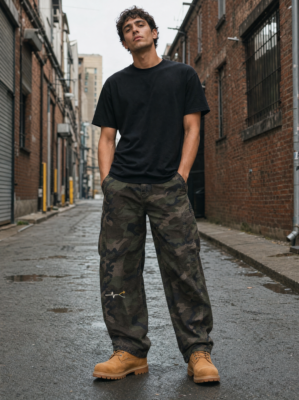 Heartbeat Camo Barrel Leg Cargo Pants on model (model image digitally rendered)