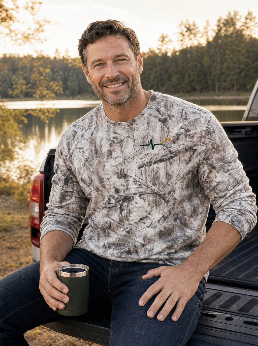 Heartbeat Tree Camo Waffle Long Sleeve worn lakeside (model image digitally rendered)