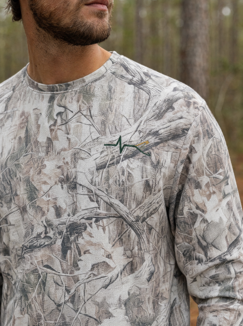 Heartbeat Tree Camo Waffle Long Sleeve chest logo detail (model image digitally rendered)