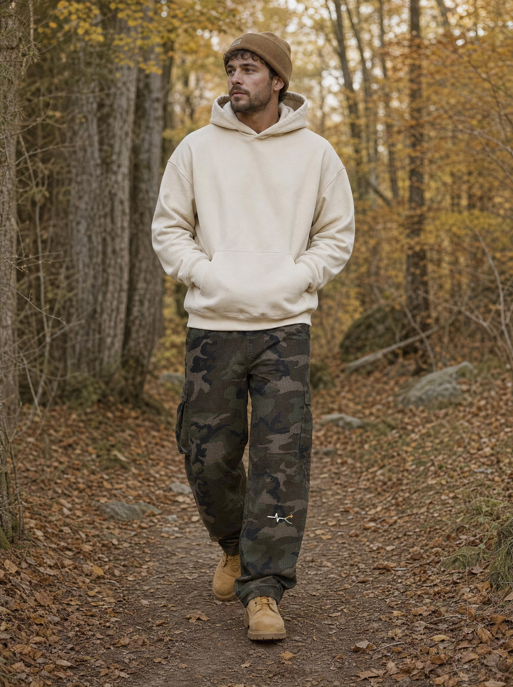 Heartbeat Camo Barrel Leg Cargo Pants on a forest trail (model image digitally rendered)