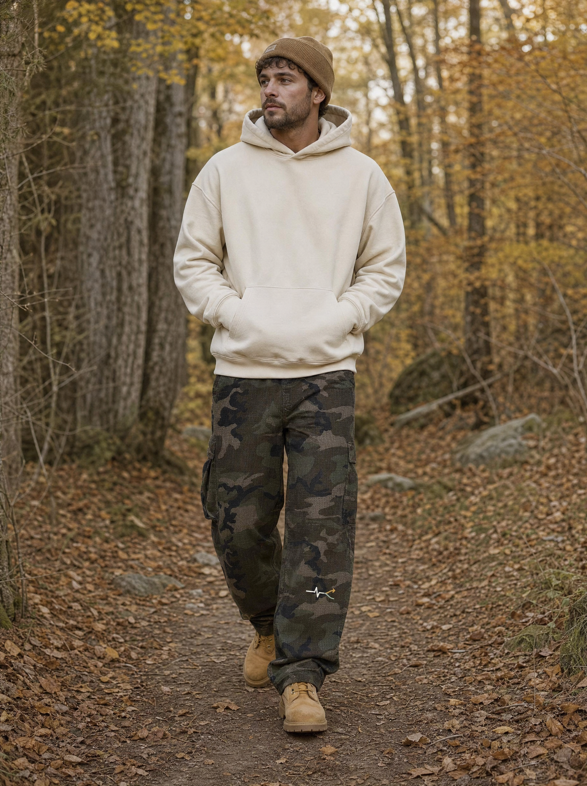 Heartbeat Camo Barrel Leg Cargo Pants on a forest trail (model image digitally rendered)