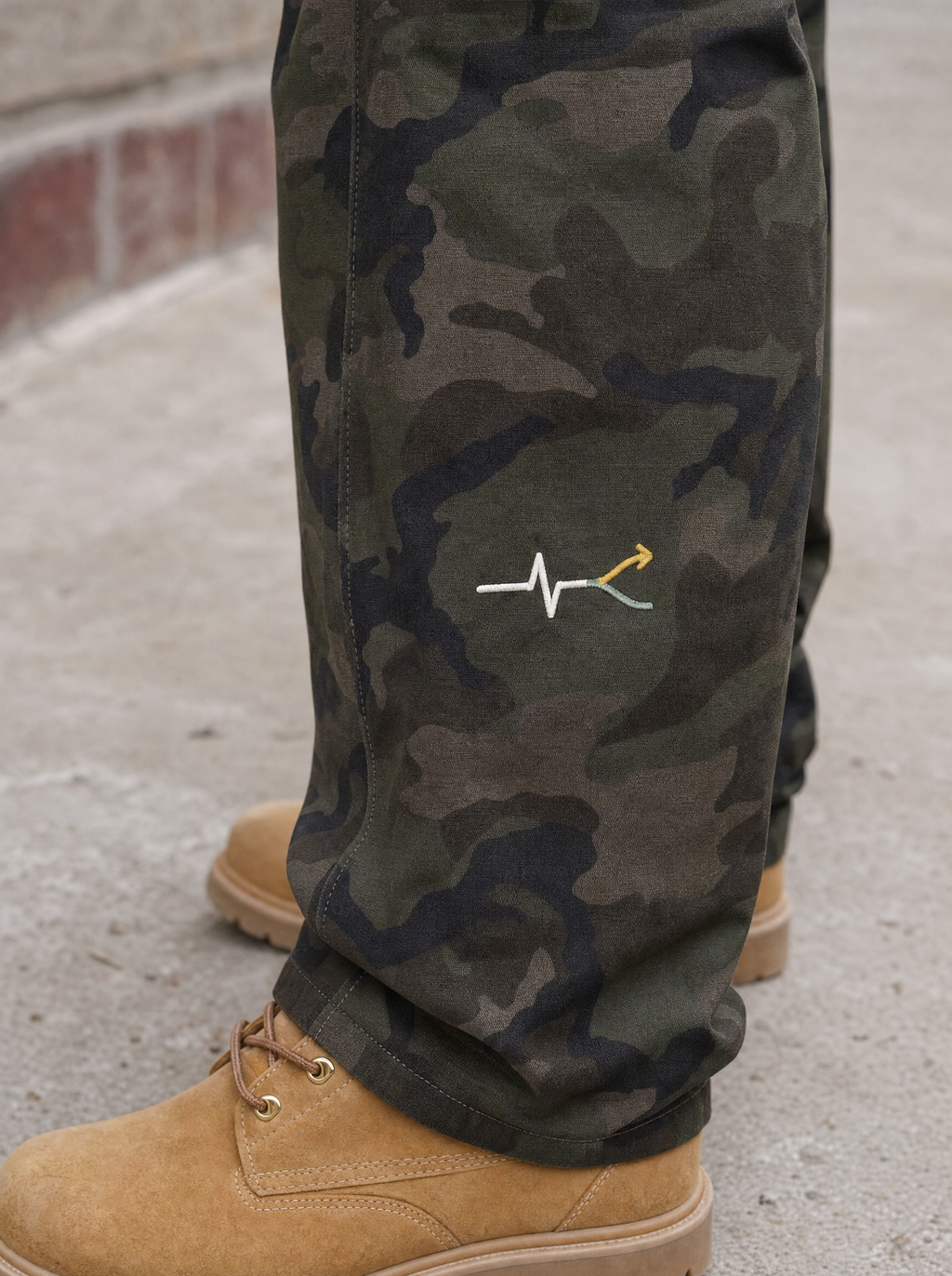 Heartbeat Camo Barrel Leg Cargo Pants shin logo detail (model image digitally rendered)